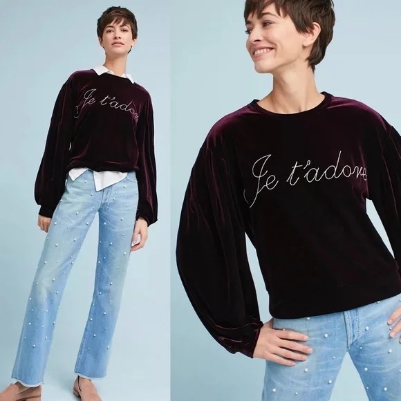 Misa Los Angeles Je T'Adore Velvet Sweatshirt French Embroidered in Plum Size M - Picture 1 of 12